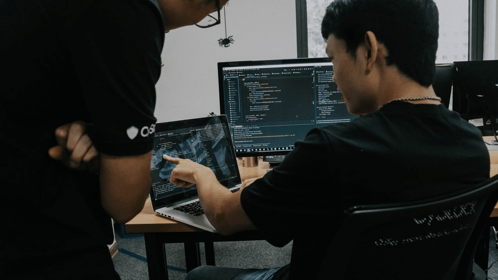 Two people talking about something on their computer