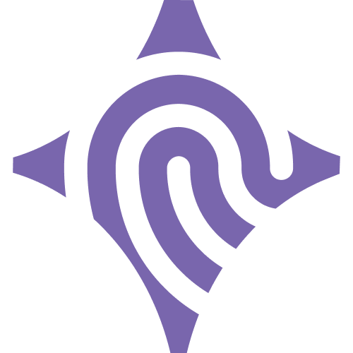 A purple, spiral-like design with four-pointed extensions resembles a stylized representation of a compass.