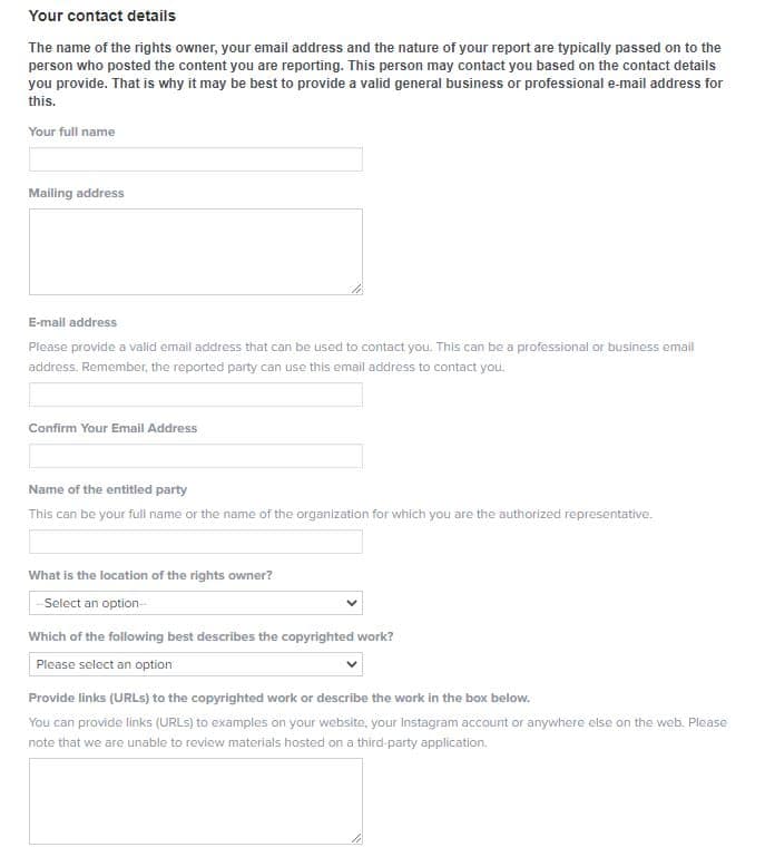 Report Copyright Infringement to instagram step 2