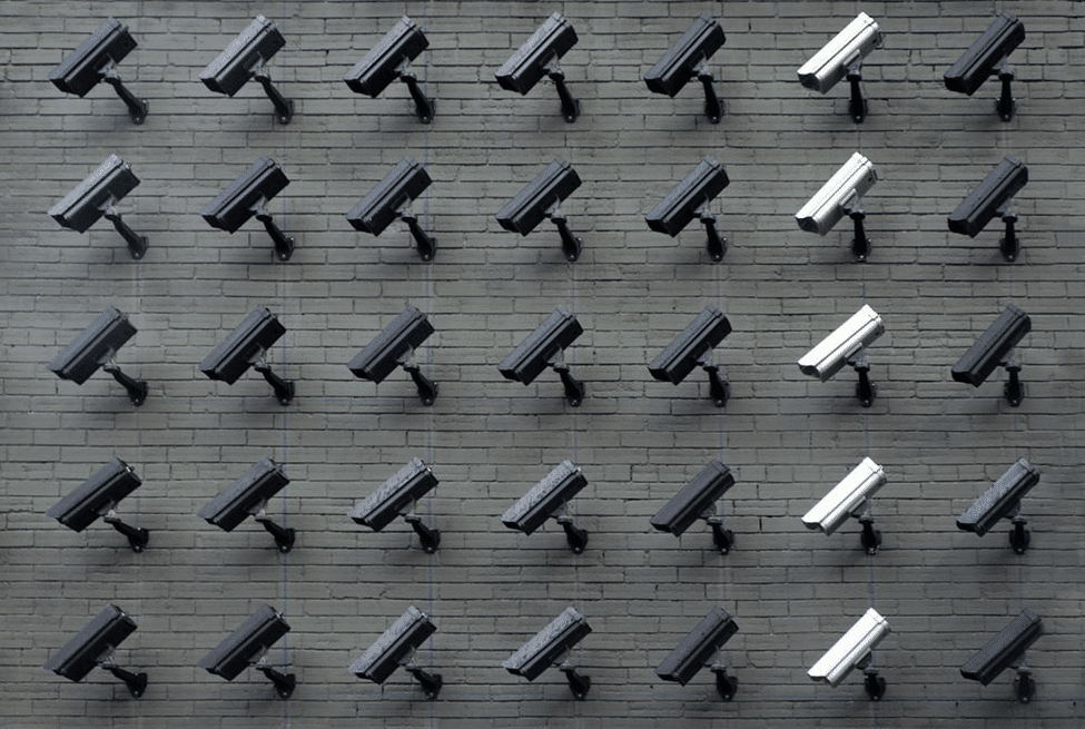 A wall of security cameras